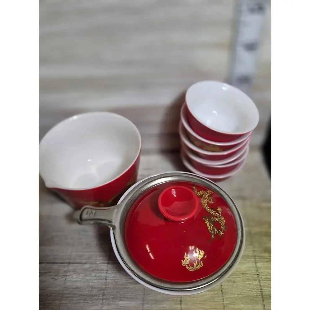 Dehua Porcelain Gongfu Travel Tea Set 12 Pc Red Gold Dragon Cups Case New